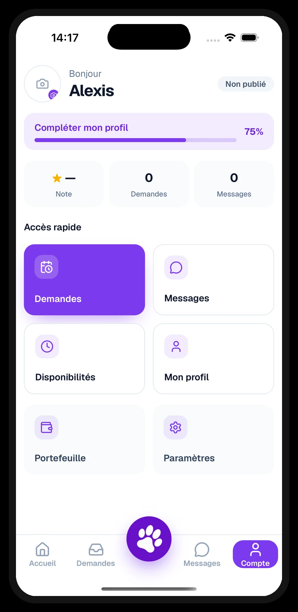 Interface DogShift : tableau de bord du dogsitter